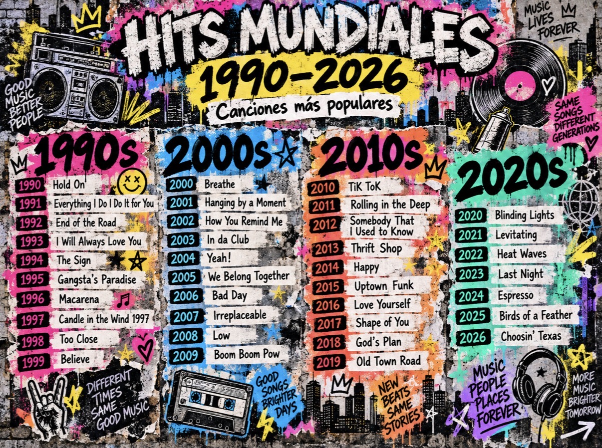 Cartel Hits Mundiales 1990–2026 con las canciones más populares por década